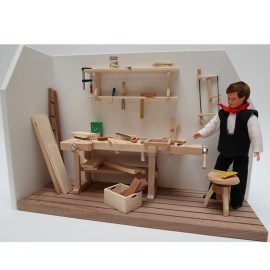 Tischlerszene, komplett, Variante mit Puppe, Miniatur im Maßstab 1zu12